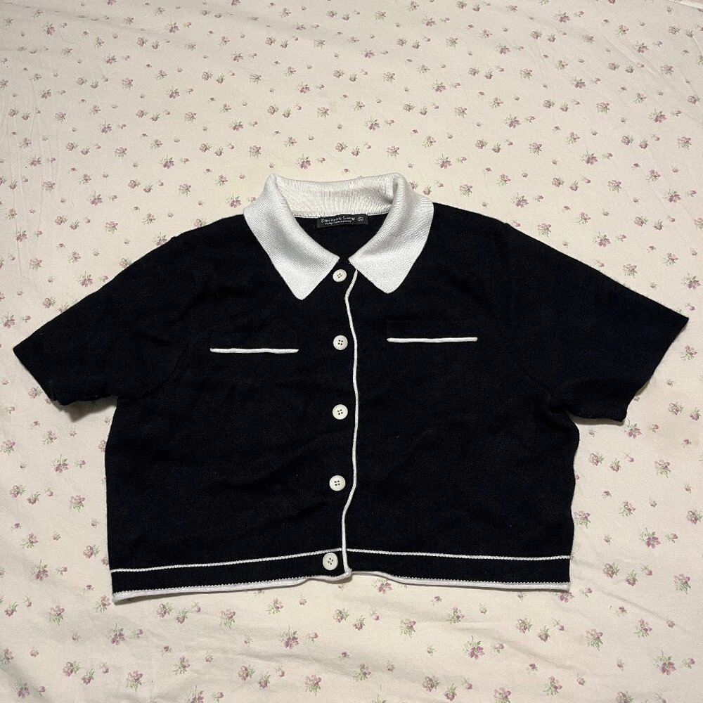 Emerson Lang Cardigan Black Short Sleeve Contrast Collar Small Preppy Old Money